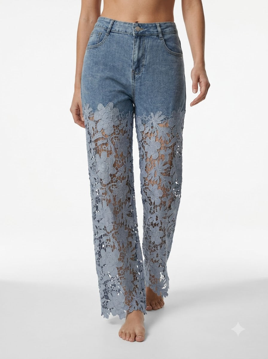 Floral Lace Cut-Out Straight-Leg Denim Trousers