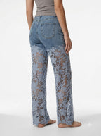 Floral Lace Cut-Out Straight-Leg Denim Trousers