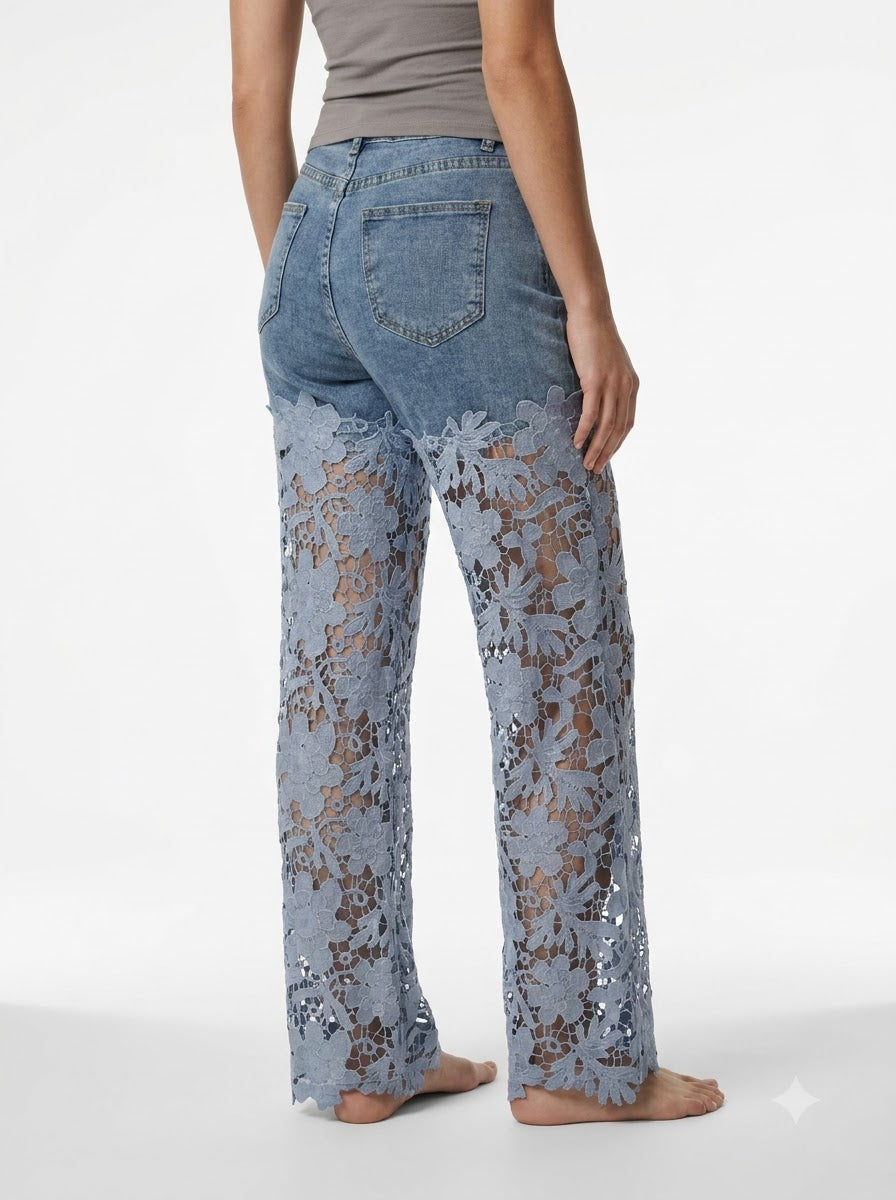 Floral Lace Cut-Out Straight-Leg Denim Trousers