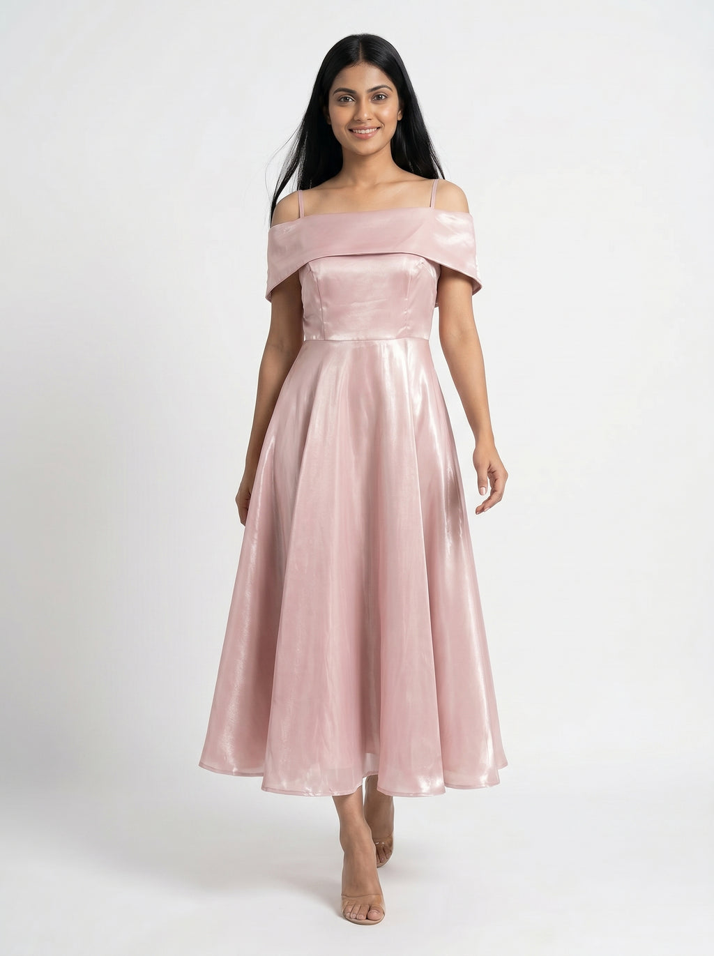 Baby Pink Satin Off-Shoulder Midi Dress for Women - Grlboss Fashion Store
