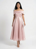 Baby Pink Satin Off-Shoulder Midi Dress for Women - Grlboss Fashion Store