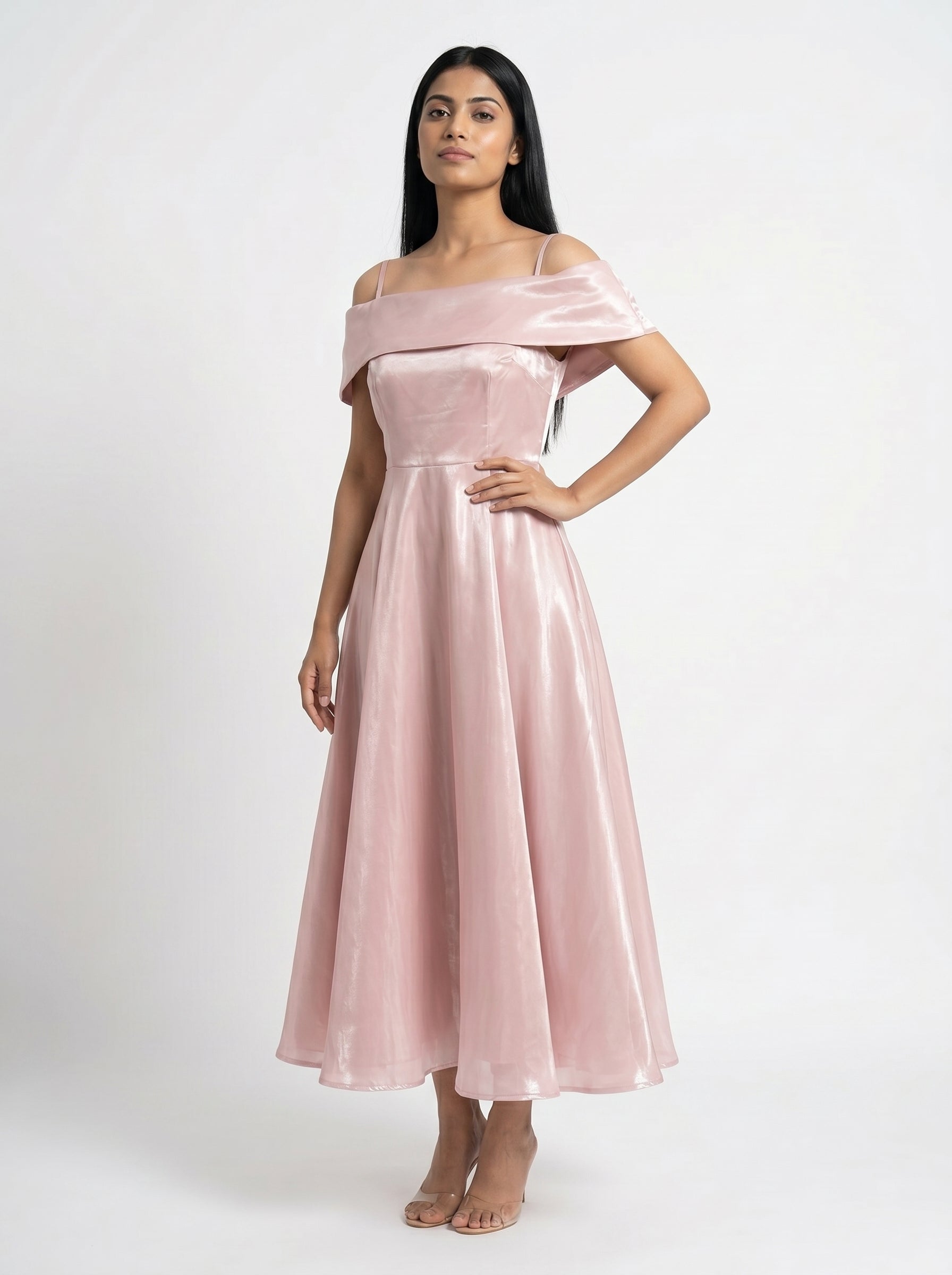 Baby Pink Satin Off-Shoulder Midi Dress for Women - Grlboss Fashion Store