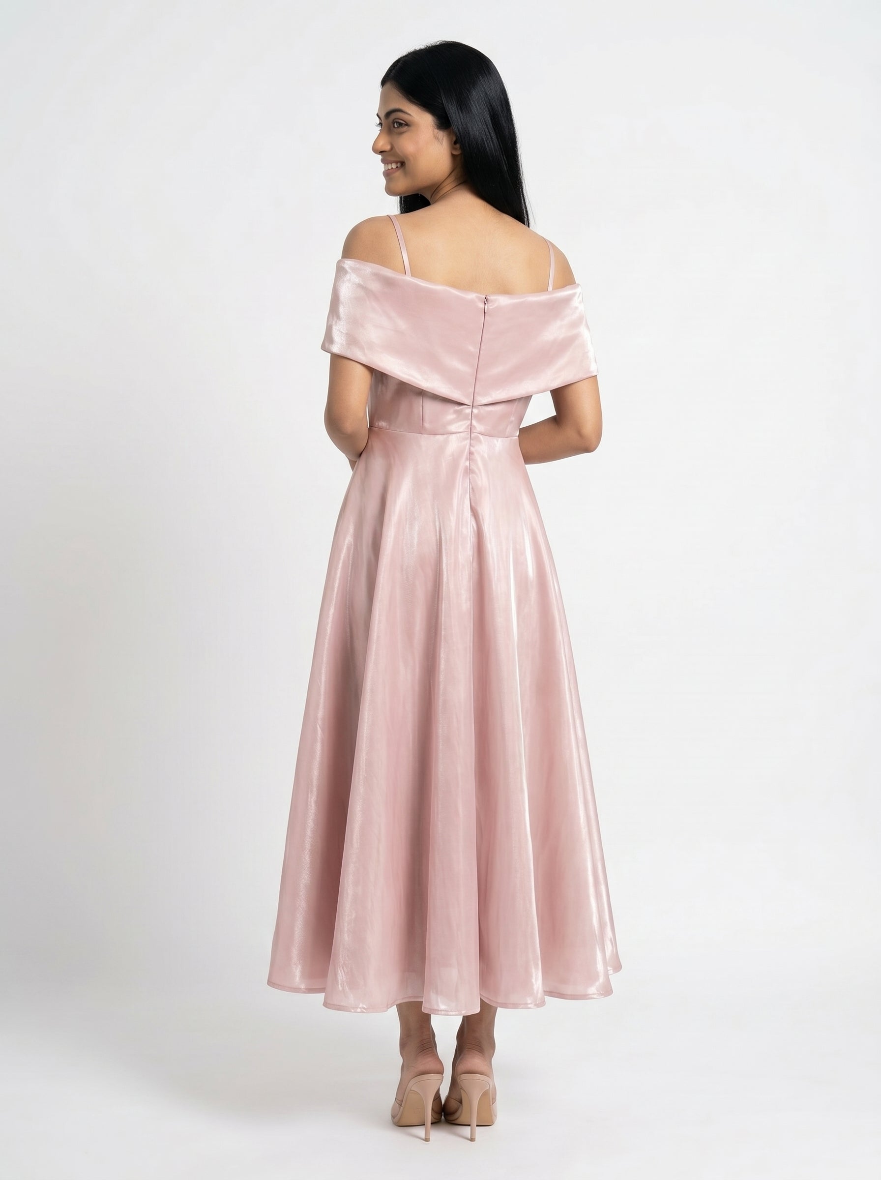 Baby Pink Satin Off-Shoulder Midi Dress for Women - Grlboss Fashion Store