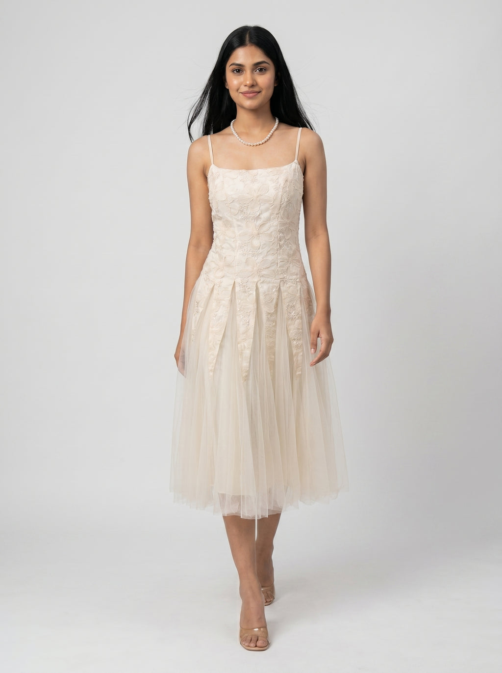 Embroidered Tulle Midi Dress for Women