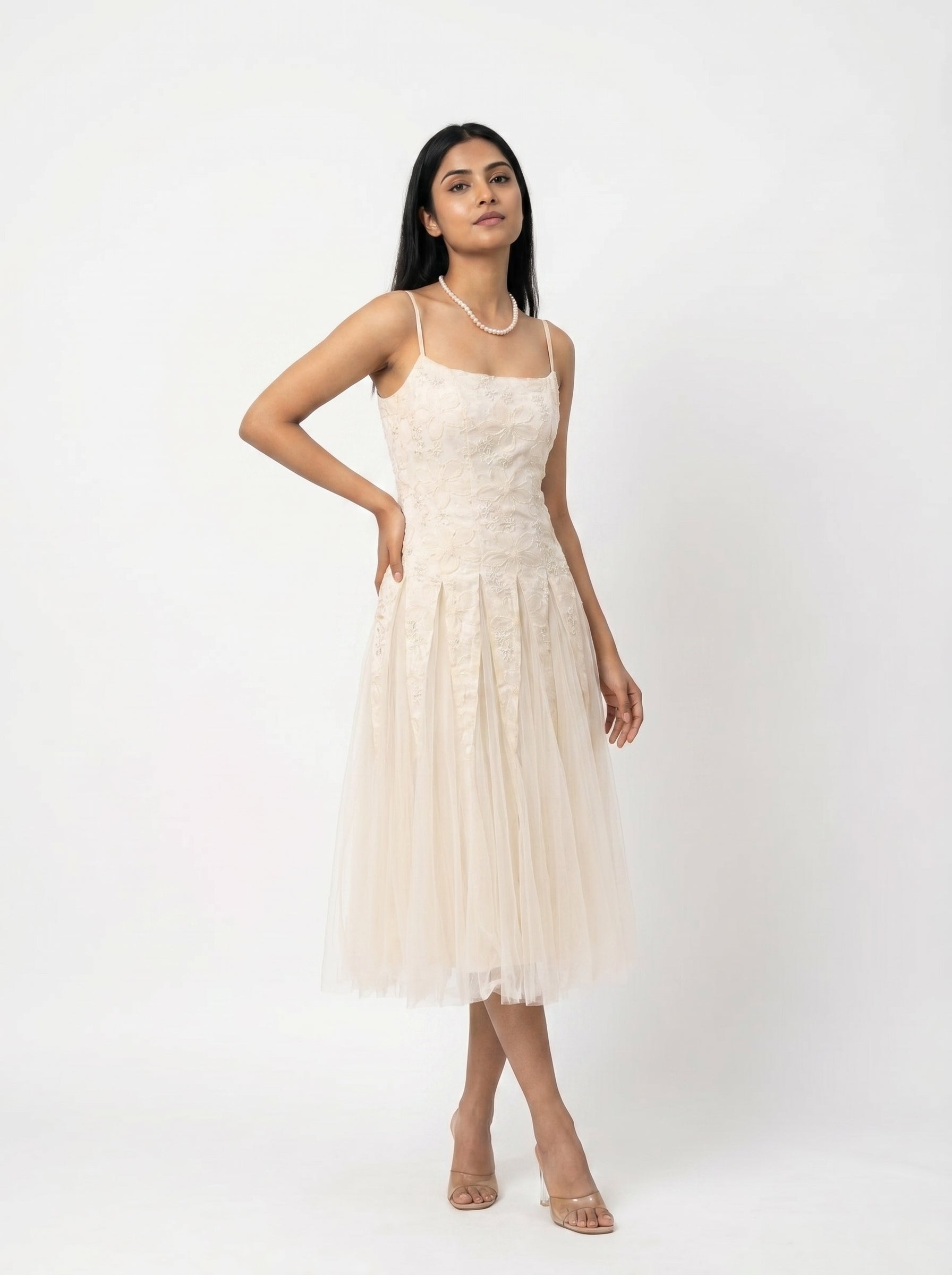 Embroidered Tulle Midi Dress for Women