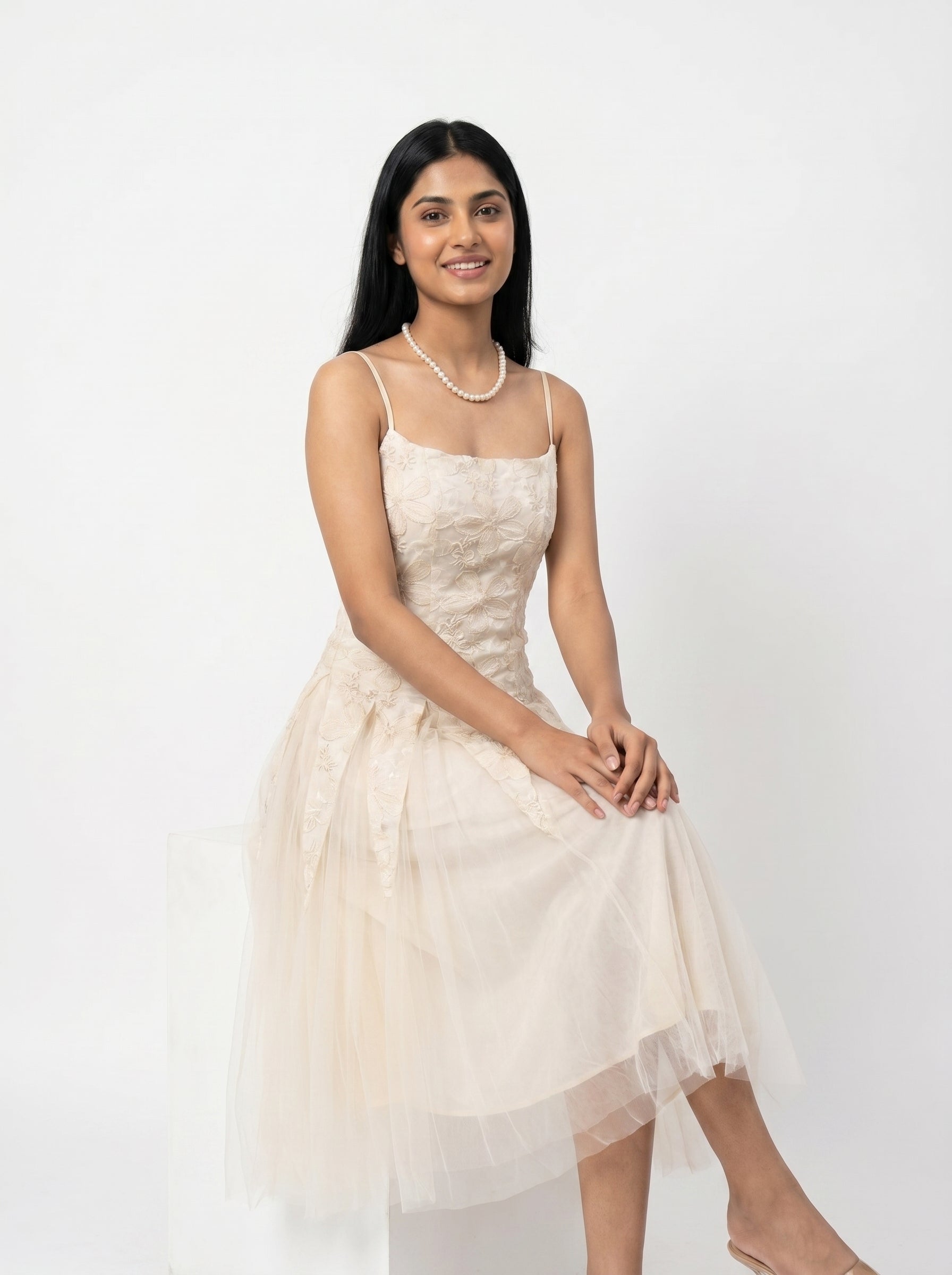 Embroidered Tulle Midi Dress for Women