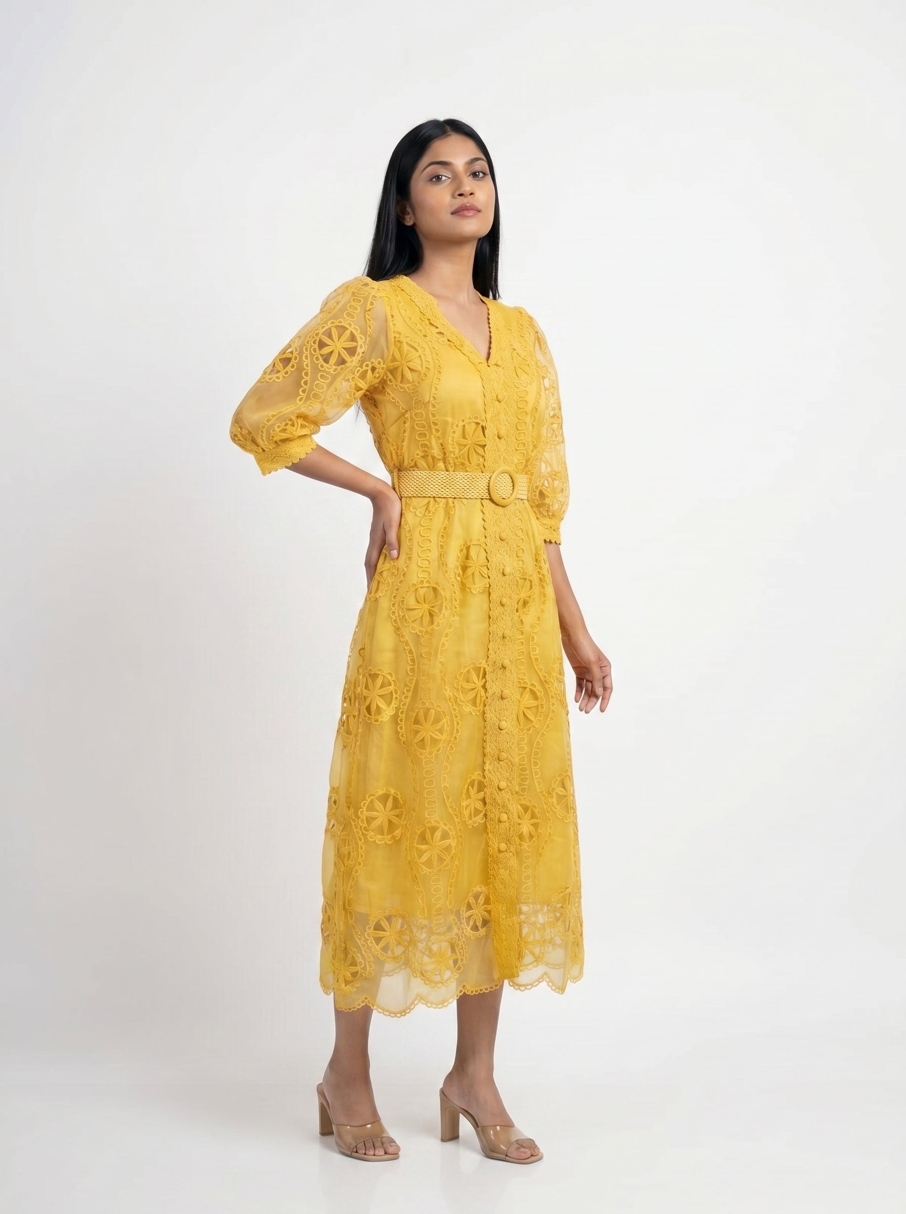 Embroidered Lace Midi Dress for Women