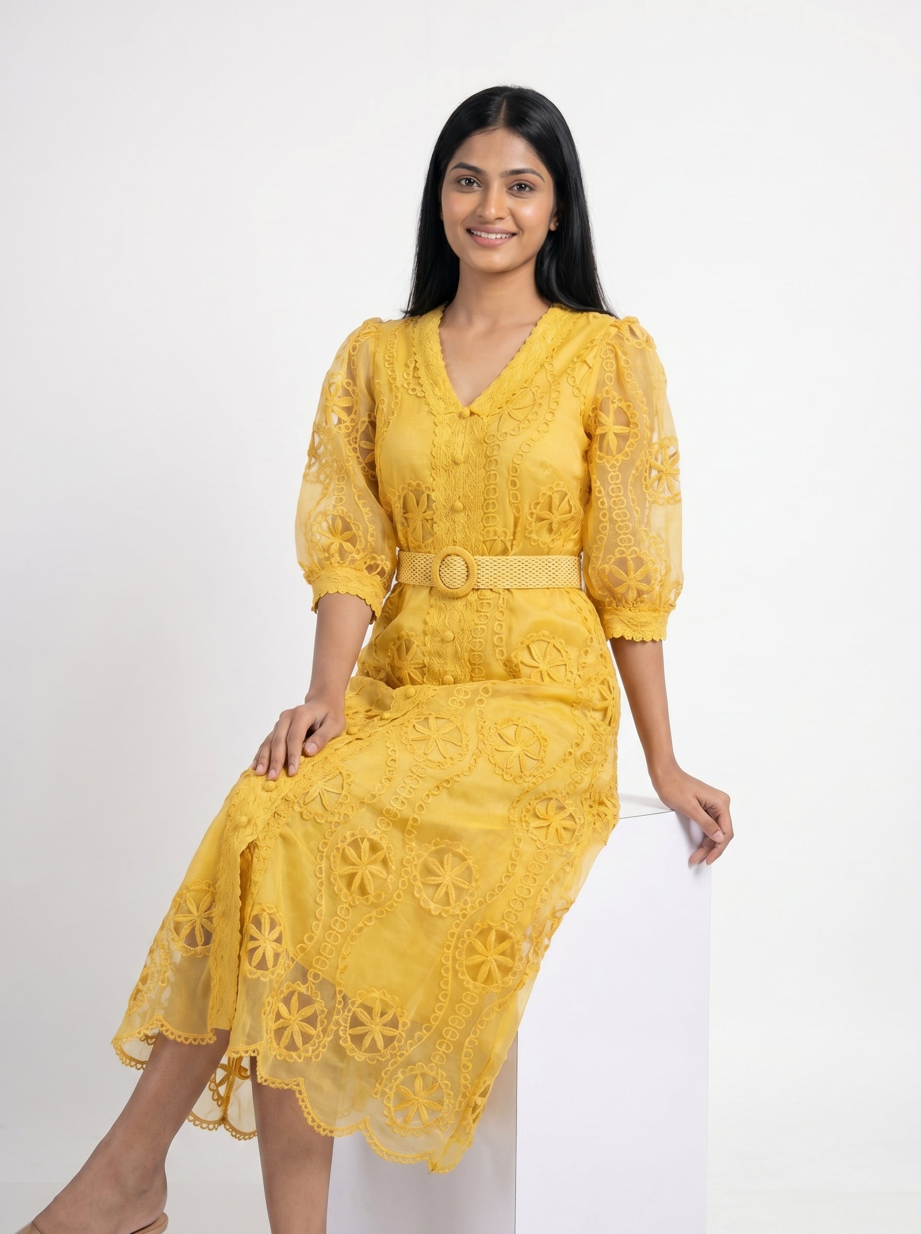 Embroidered Lace Midi Dress for Women