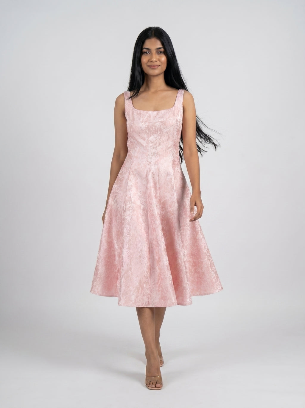 Baby Pink Velvet A-Line Midi Dress