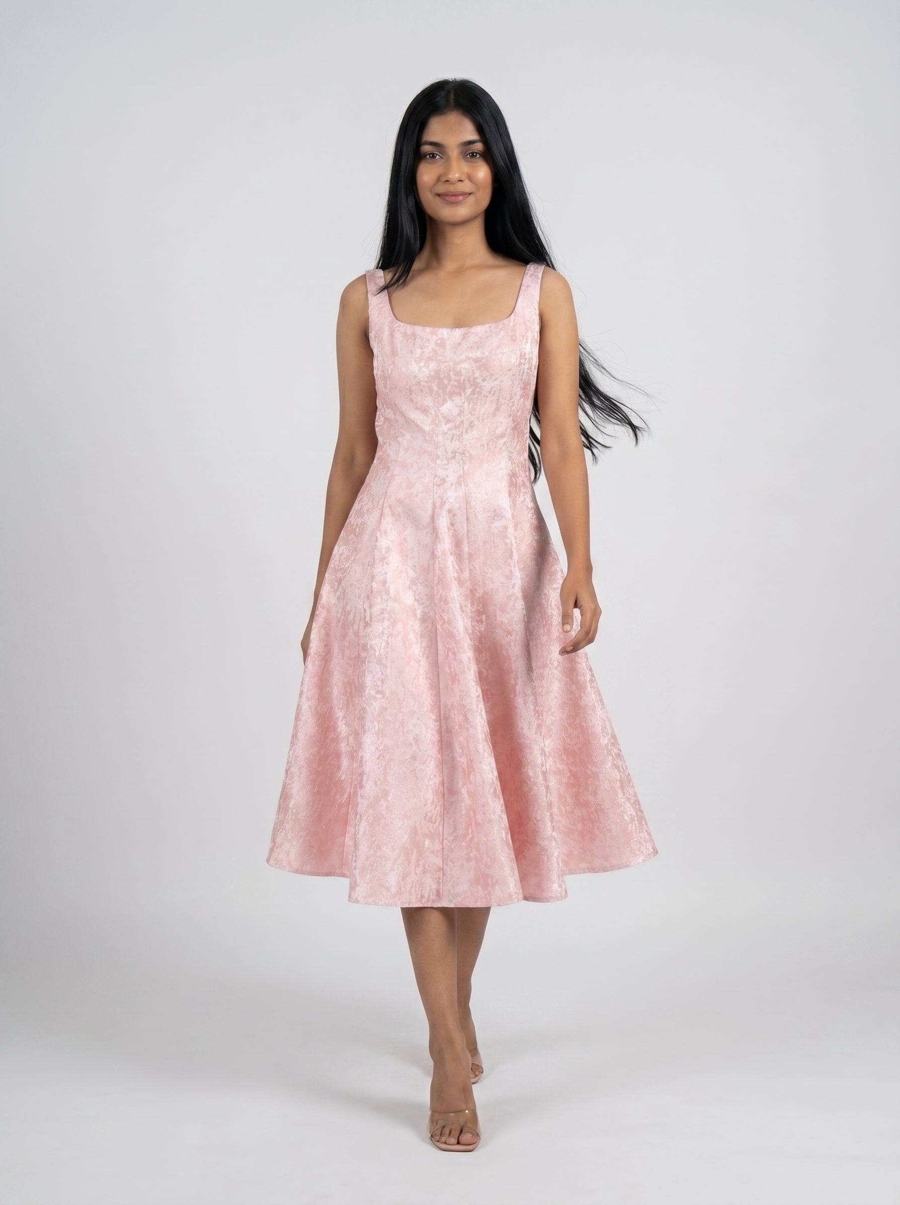 Baby Pink Velvet A-Line Midi Dress
