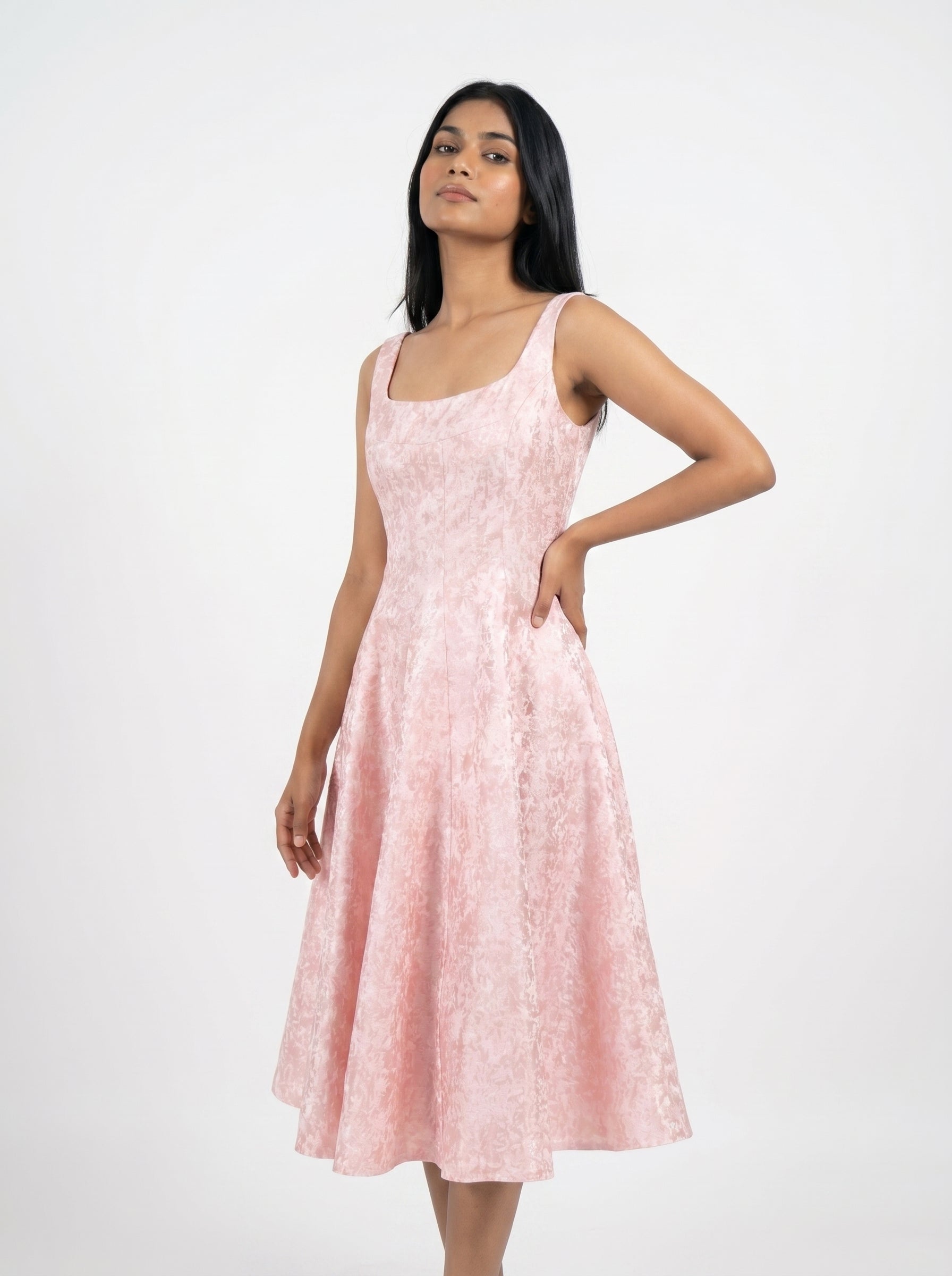 Baby Pink Velvet A-Line Midi Dress