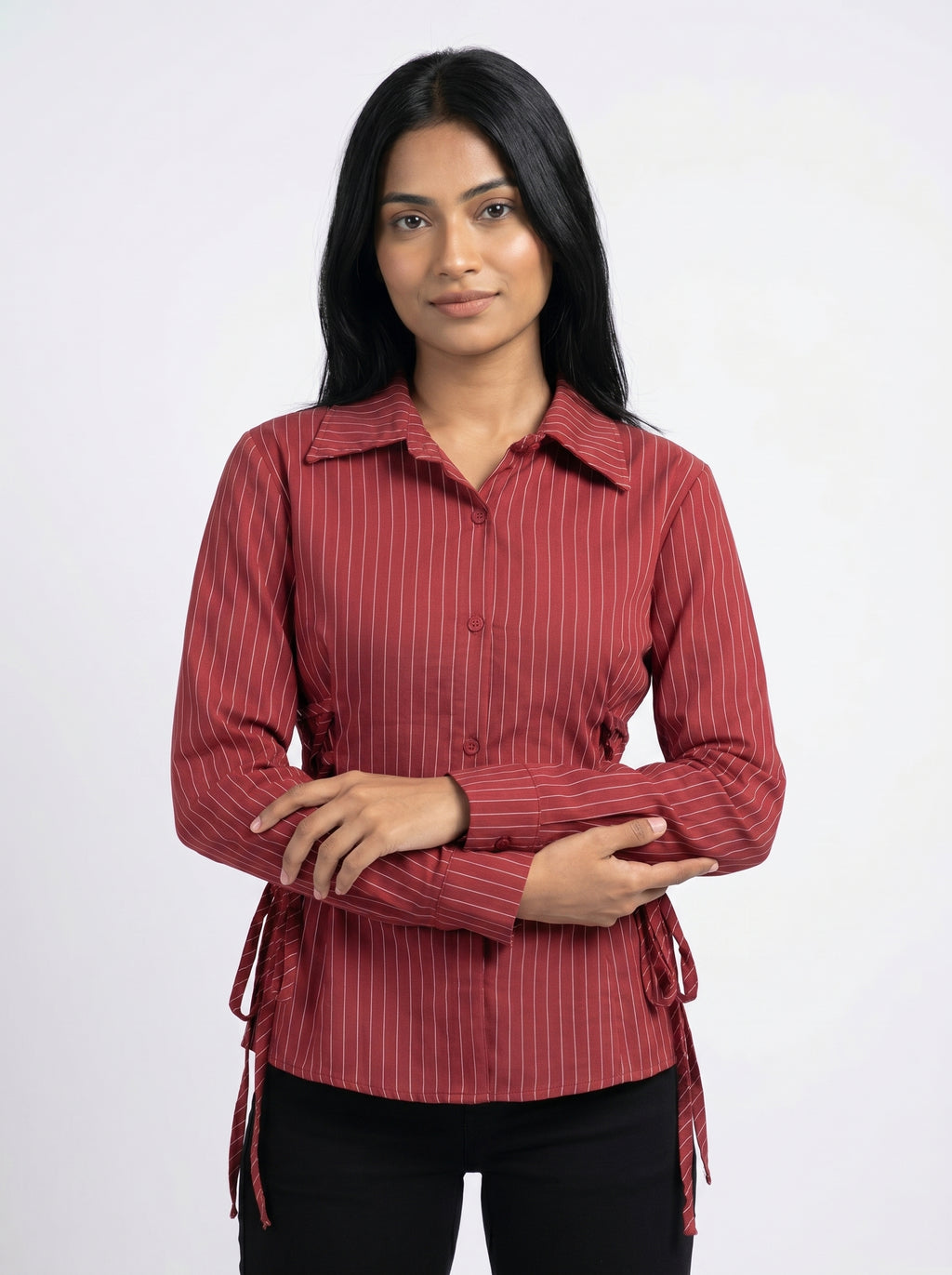 Pinstripe Tie-Up Shirt for Women