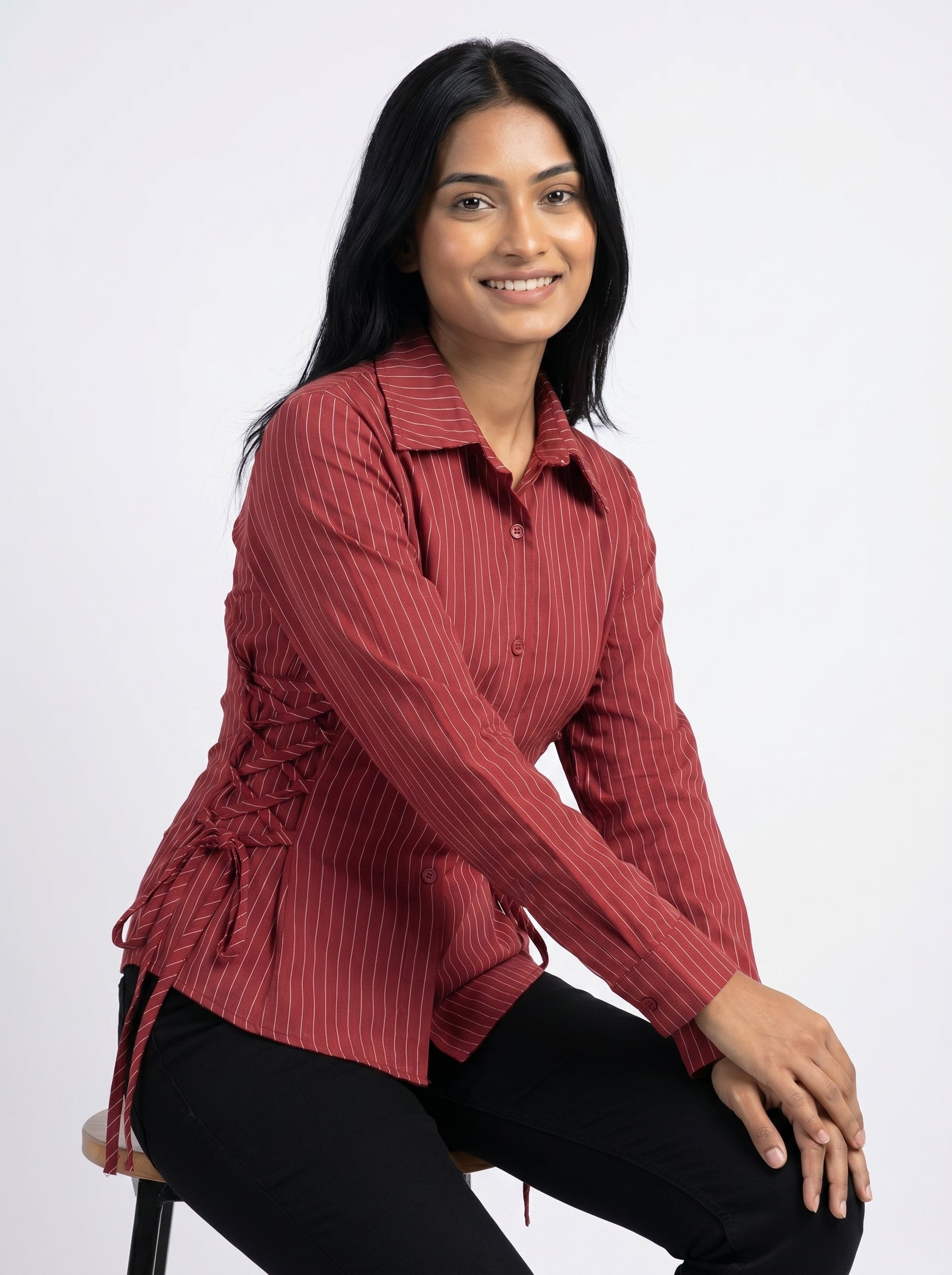 Pinstripe Tie-Up Shirt for Women