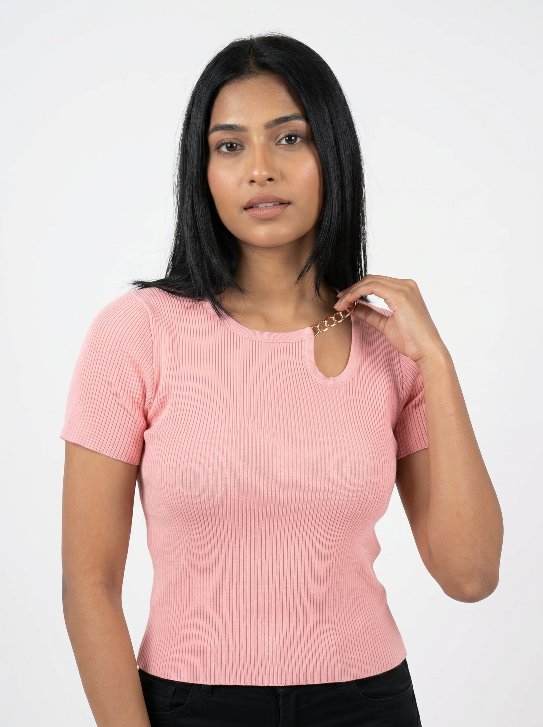 Chain Detail Ribbed Knit Top for Women