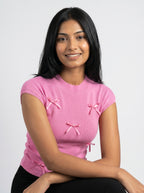 Bow Detail Ribbed Knit Top for Women