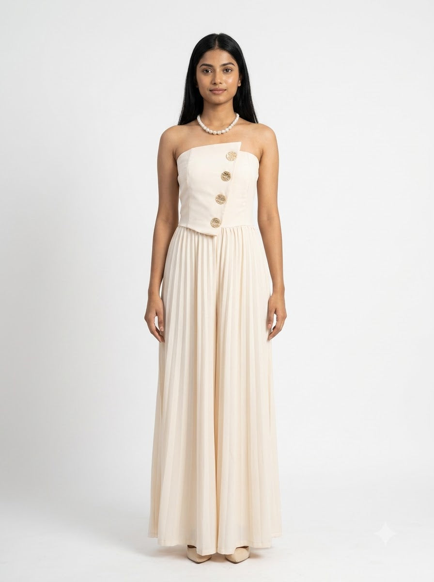 Ivory Pleated Button Detail Strapless Jumpsuit