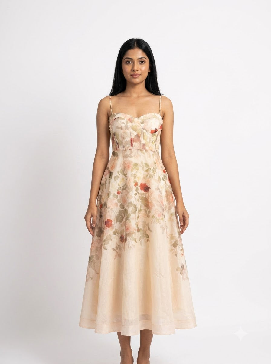 Blush Bloom Halter Corset Midi Dress