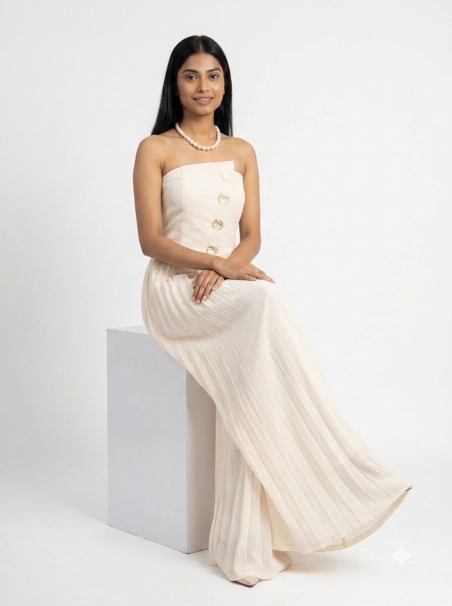 Ivory Pleated Button Detail Strapless Jumpsuit