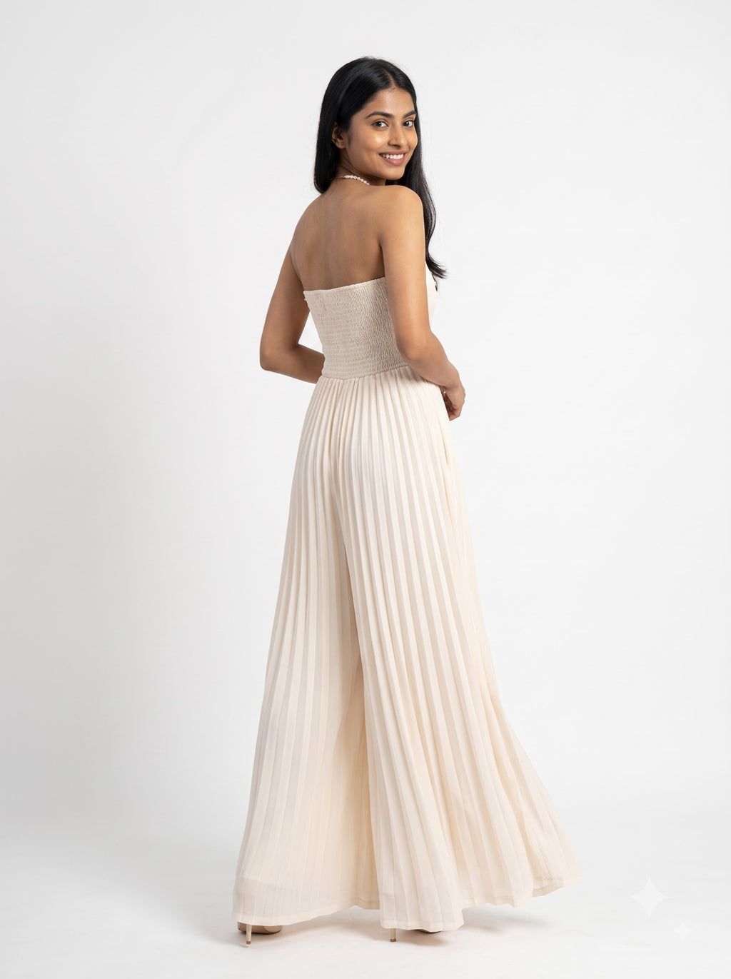 Ivory Pleated Button Detail Strapless Jumpsuit