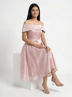 Baby Pink Satin Off-Shoulder Midi Dress for Women - Grlboss Fashion Store