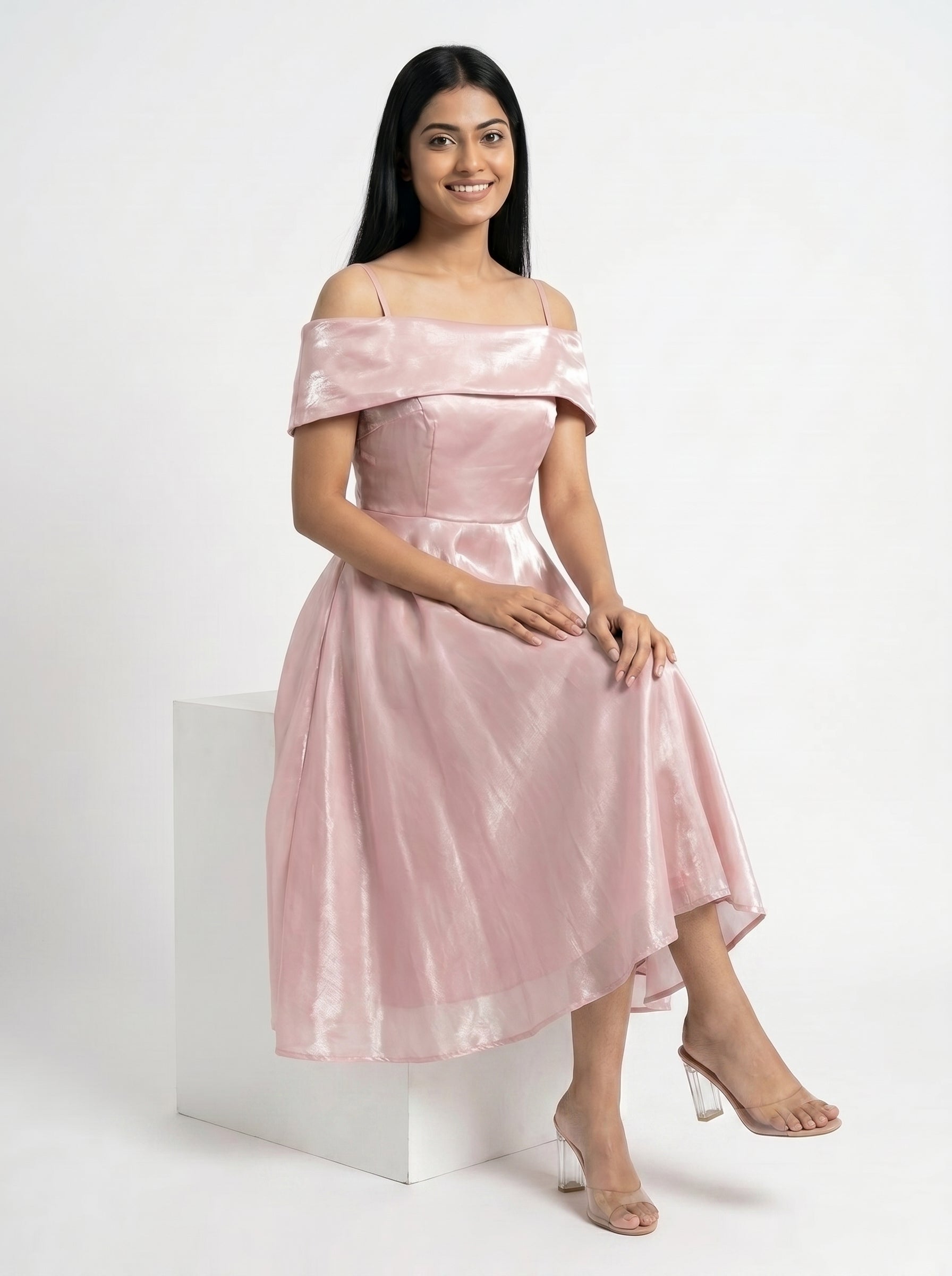 Baby Pink Satin Off-Shoulder Midi Dress for Women - Grlboss Fashion Store